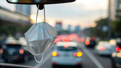 Covid19 mask hangs from rearview mirror as cars are seen in traffic during sunset, reflecting ongoing impact of covid19