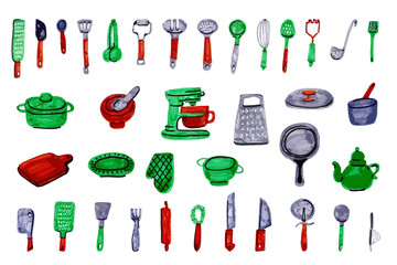 Hand-drawn collection of diverse kitchen tools and cookware.