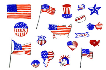 Hand-drawn collection of American patriotic symbols, featuring Independence Day elements, historic landmarks, and traditional icons in a red, white, and blue theme.
