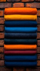 Stack of Folded T-Shirts in Gradient Colors Against Brick Wall