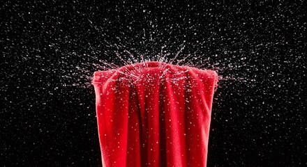 Red Fabric Soaking with Water Droplets Against Black Background in Studio