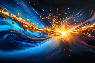 Energetic eruption of diluted gold and deep blue acrylic paint with thick glittering gold trails and fluid watery blue arcs in dynamic motion, showcasing abstract artistic explosion