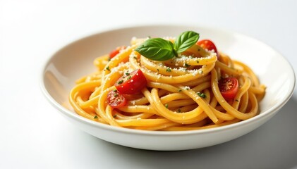 Close-up of rustic Italian pasta dish, white background, meal, parmesan, culinary