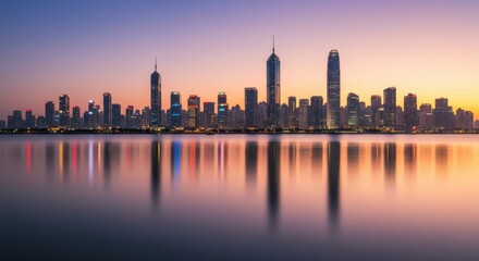 Obraz premium City skyline reflected in tranquil water at sunrise