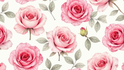 Delicate watercolor roses in blush pink and ivory, forming a seamless repeat , design, buds, floral