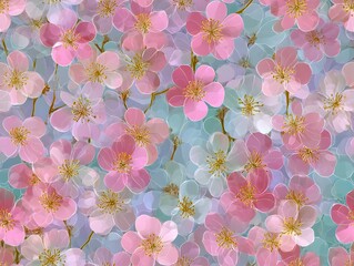 Blossom Harmony: A delicate artistic composition showcasing a harmonious blend of pink and white blossoms, with subtle pastel colors, evokes a sense of serenity.