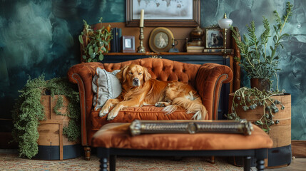 Favorite pet golden retriever lies on the couch in the house. Training a golden retriever dog.