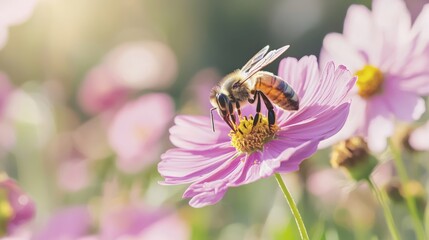 A honey bee collecting nectar on a flower, isolated on a white background
