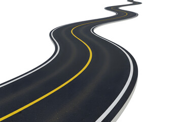 A winding black road with dashed yellow centerlines and white edge markings, symbolizing direction and journey, isolated on white or transparent background. PNG
