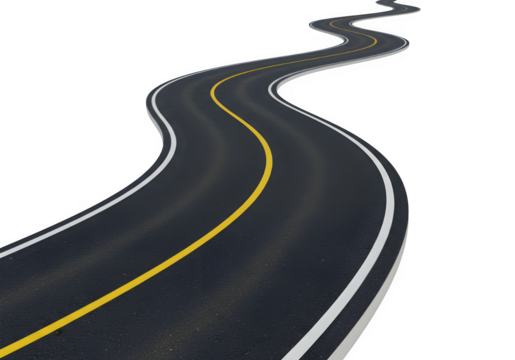 A winding black road with dashed yellow centerlines and white edge markings, symbolizing direction and journey, isolated on white or transparent background. PNG