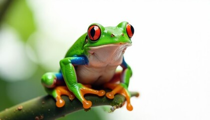 Naklejka premium Green tree frog perched on white, vibrant skin, nature photography, one