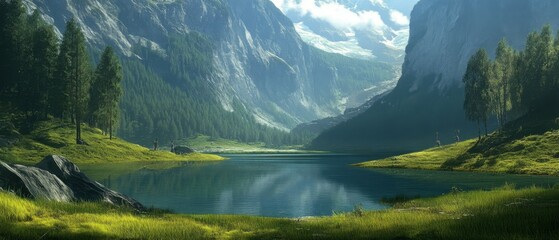 This outdoor travel scene features green grass and a mountain lake set against a forest backdrop. Additionally, there is a river with clear water and a stunning valley.
