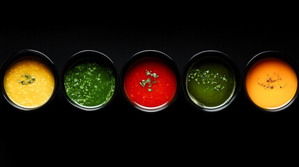Five vibrant soups in bowls on a black background.