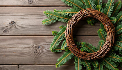 Creating an elegant pine wreath with natural materials on rustic wooden background