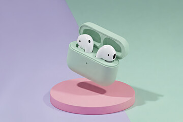 Modern white wireless earbuds in sleek light green charging case, displayed on minimalist style pink podium against pastel purple and green background, pair of in-ear headphones