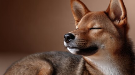 Happy Dog Enjoys a Moment of Relaxation Against an Orange Backdrop in a Cozy Indoor Setting