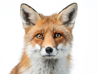 Fototapeta premium A close-up portrait of a red fox, showcasing its vibrant fur, expressive eyes, and alert posture against a stark white background.