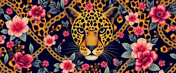 Elegant gold chain leopard seamless pattern with delicate floral accents, background, surface pattern
