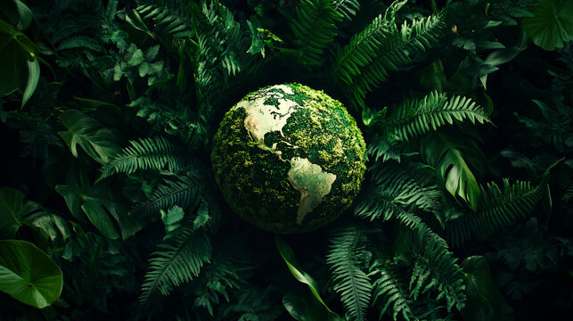 Eco-themed Earth covered in moss and foliage, surrounded by lush green tropical leaves.