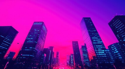 Obraz premium Vibrant City Skyline at Dusk with Neon Lights and Colorful Skies