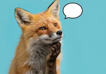 Fototapeta premium Pensive fox pondering thoughts, isolated on vibrant blue backdrop, speech bubble
