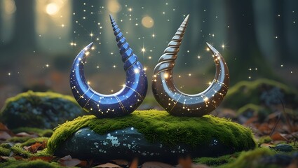 Two decorative horns adorned with constellations on a mossy rock in a magical forest setting