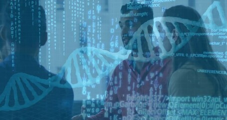 colleagues discussing biotech project in modern office, overlaying DNA helix and streaming code - Powered by Adobe