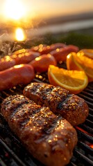 Sunset Barbecue: Grilled Sausages and Orange Slices on a Grill