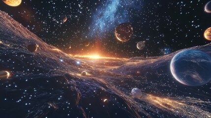 Obraz premium A fully immersive VR galaxy map where users can interact with stars and planets.