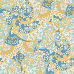 Paisley vector seamless design flowers and leaves in a batik-inspired style. Vintage fabric backdrop