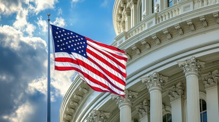 United States Capitol Complex. American flag is waving. Democracy and election concept. 2024 president elections.