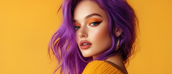 Obraz premium A creative portrait showcasing a young woman with vibrant purple hair and stylish makeup, exuding confidence against an eye-catching orange monotone background