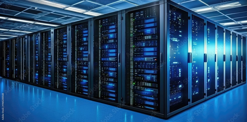 Poster high tech server room interior with blue led lights and data processing racks, perfect for it, hosti