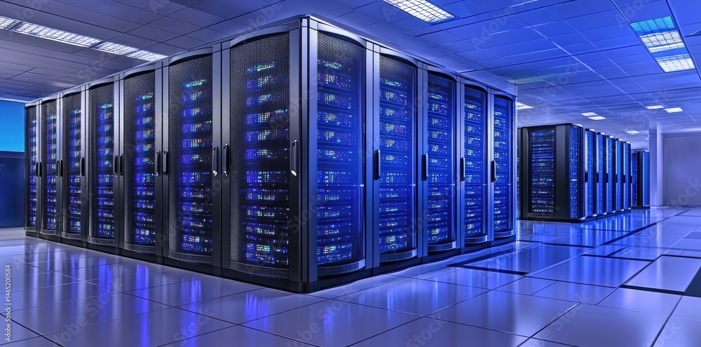 Poster digital server corridor with bright blue hues and symmetrical rows of machines, suitable for interne