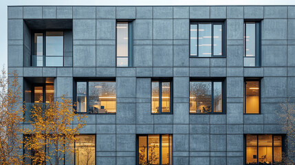 Obraz premium Modern concrete office building exterior with clean lines and minimalist design. Symbolizes strength, structure, and contemporary architecture in an urban vertical perspective with sleek geometry.