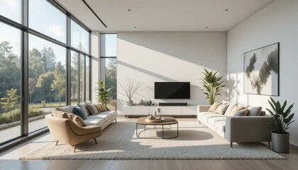 Fototapeta premium Modern Living Room Design with Panoramic Window Views