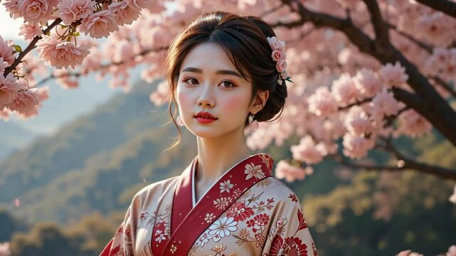 Portrait of a woman in kimono with cherry blossoms and mountains in the background outdoors