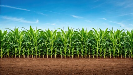 Obraz premium Growing corn plants in a lush agricultural field under a blue sky