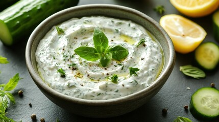 A bowl of creamy dip garnished with herbs, surrounded by fresh ingredients like cucumber and lemon, ideal for enhancing snacks or meals.