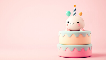 Cute pink birthday cake with a smiling face and a lit candle on top.