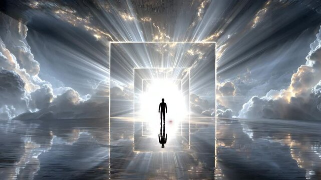 light doorway to soul Portal of light ascension journey, silhouette entering portal of light transformation, awakening through divine portal of light pathway divine tunnel vision  gateway to source 