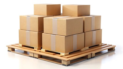 A stack of six brown corrugated cardboard boxes arranged on a wooden pallet isolated on white background