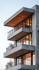 Modern concrete office building exterior with clean lines and minimalist design. Symbolizes strength, structure, and contemporary architecture in an urban vertical perspective with sleek geometry.

