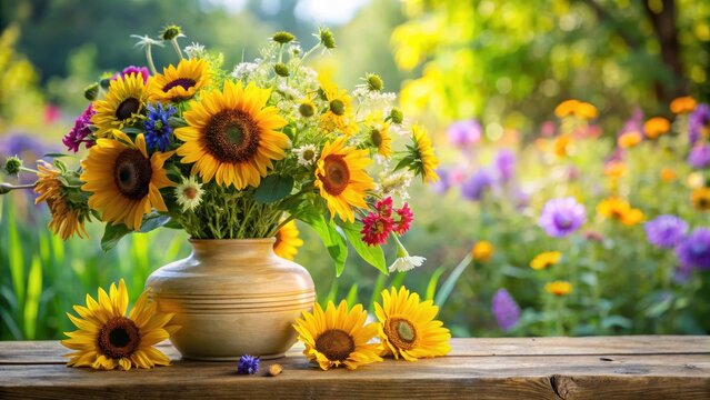 Colorful sunflower blooms in a delicate ceramic vase atop a rustic garden table amidst lush greenery and vibrant wildflowers, outdoor decor, summer flowers
