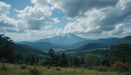 Majestic Mountain View with Snowy Volcano and Lush Valley