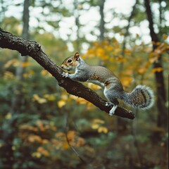 Fototapeta premium Gray squirrel on a branch in autumn forest