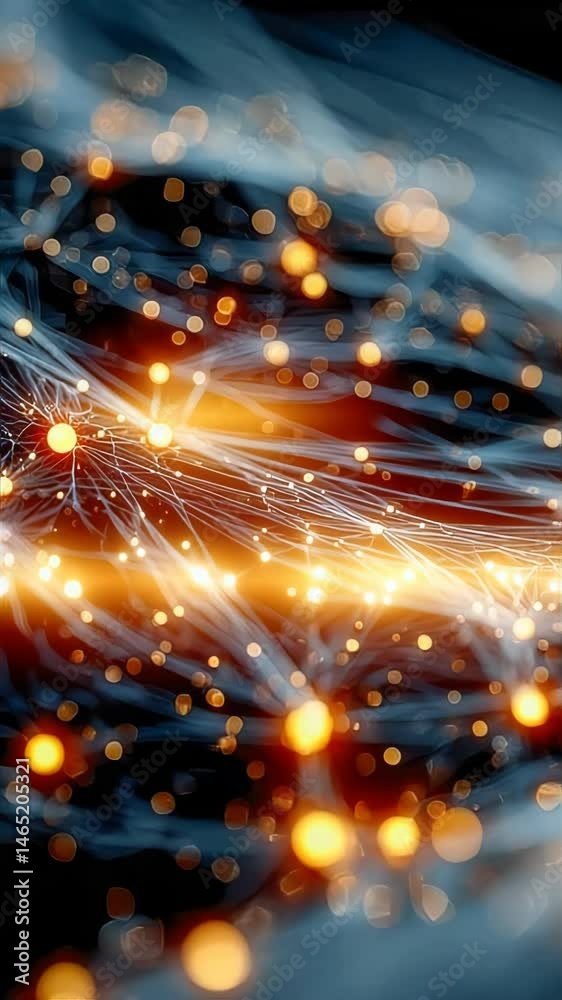 Poster abstract network of glowing orange particles and interlinked lines, visualizing digital data transfe