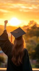 Graduate Celebrating with Fist Raised in the Air at Sunset, Graduation Day Joy and Success