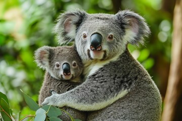 Fototapeta premium Koala and baby in trees, hugging each other