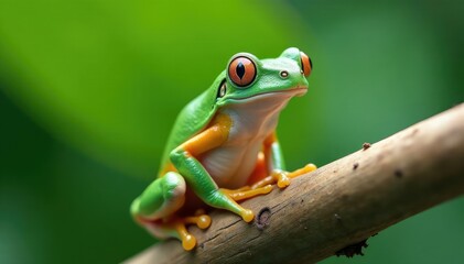 Naklejka premium Green tree frog perched on white, vibrant detail, isolated, white background